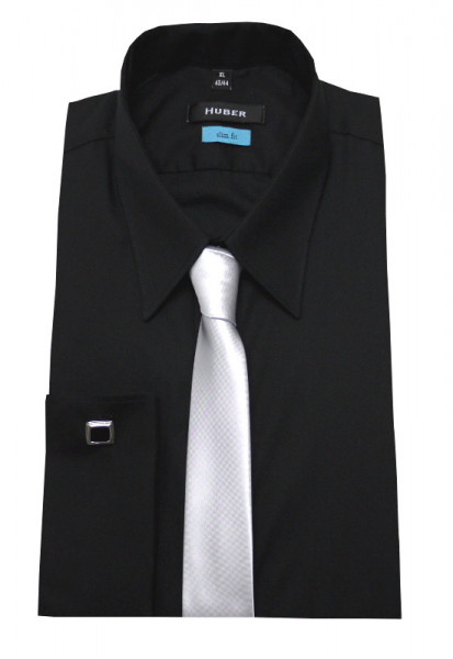 HUBER Umschlag-Manschetten Hemd schwarz +Krawatte HU-5362 Slim Fit