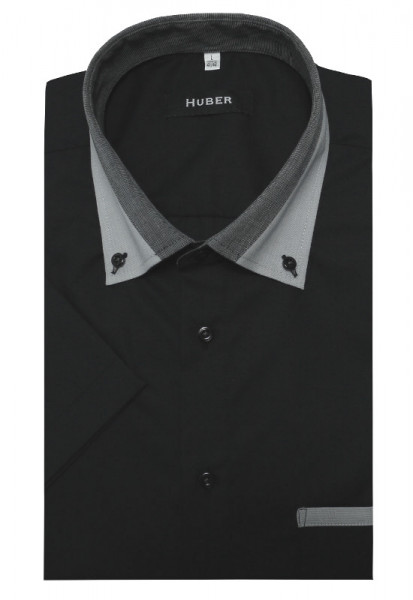 HUBER Kurzarm Hemd schwarz mit Kontrast Button-down-Kragen HU-0152 Regular