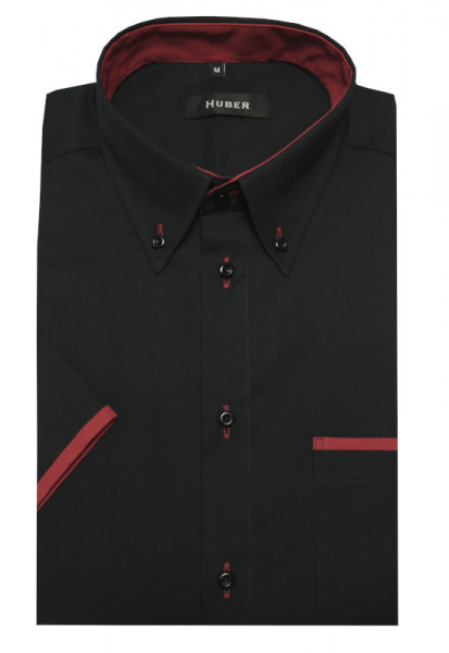 HUBER Kurzarm Hemd mit Button-down-Kragen schwarz-rot Regular Fit HU-0157