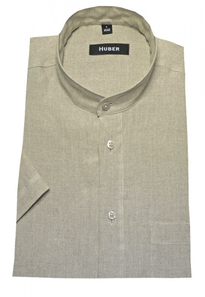 HUBER Stehkragen Leinen Hemd beige natur Kurzarm HU-0117