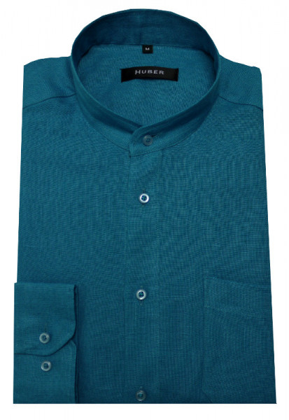 Leinenhemd von HUBER Stehkragen türkis cyan blauton
