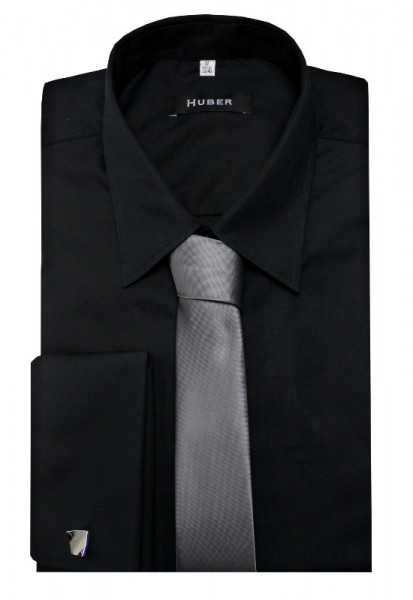 HUBER Hemd Umschlagmanschetten schwarz inkl. Krawatte + Man.knöpfe HU-5012 Regular