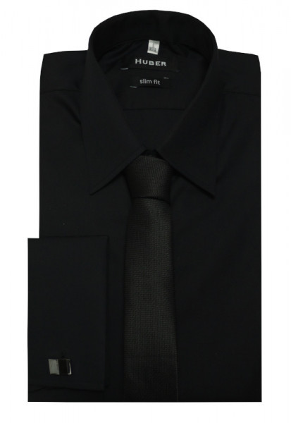 HUBER Umschlag-Manschetten Hemd schwarz inkl. Krawatte schwarz u. Mansch.knöpfe Slim Fit HU-5362