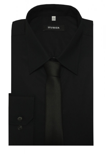 HUBER Hemd schwarz verdeckte Leiste inkl. Krawatte u. Einstecktuch schwarz Regular Fit HU-5082