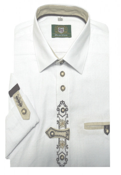 Trachtenhemd weiß mit Stickerei und Krempelarm Regular Fit TH-0250
