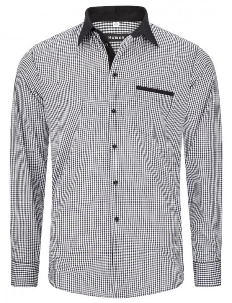HUBER Hemd schwarz-weiss kariert mit Kontrast HU-0079 Regular Fit