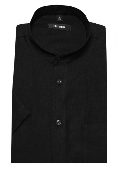 HUBER Stehkragen Leinen Kurzarm Hemd schwarz HU-0115 Regular