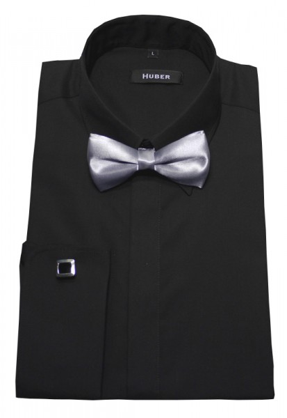 HUBER Umschlag-Manschetten Hemd schwarz +Fliege HU-1012 Regular