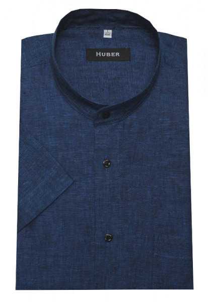 HUBER Stehkragen Leinen Hemd blau Kurzarm HU-0118 Regular Fit