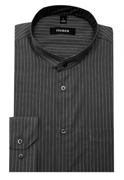 HUBER Stehkragen Hemd grau gestreift HU-0031 Regular