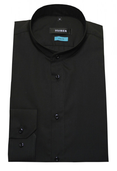 HUBER Stehkragen Hemd schwarz HU-0382 Slim Fit