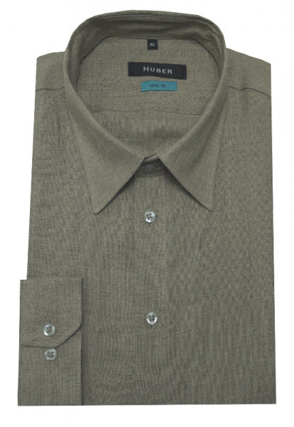 Leinen Hemd Slim Fit beige dunkel natur Kentkragen von HUBER