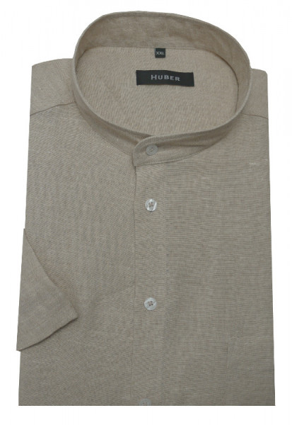 HUBER Stehkragen Leinen Hemd beige Kurzarm HU-0116