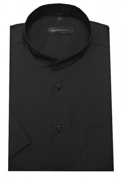HUBER Stehkragen Hemd schwarz Kurzarm bügelleicht Regular Fit Label Black &amp; Purple HU-0182