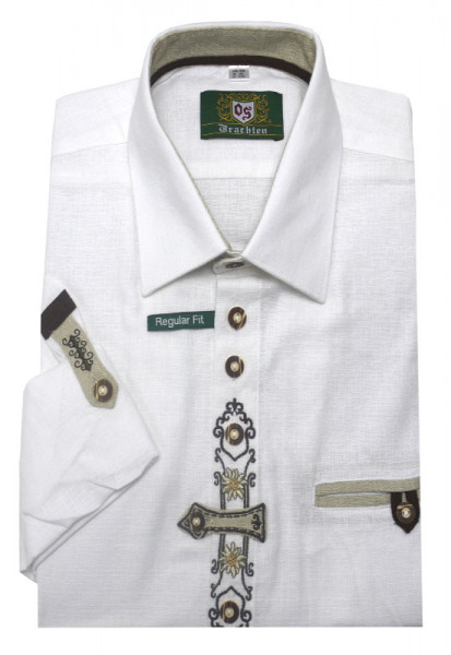 Orbis Trachtenhemd weiß mit Stickerei Krempelarm OS-0250 Regular Fit