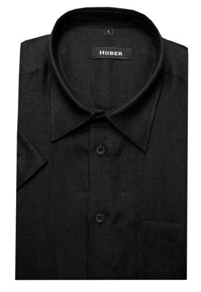 HUBER Kurzarm Hemd schwarz 100% Leinen HU-9102 Regular